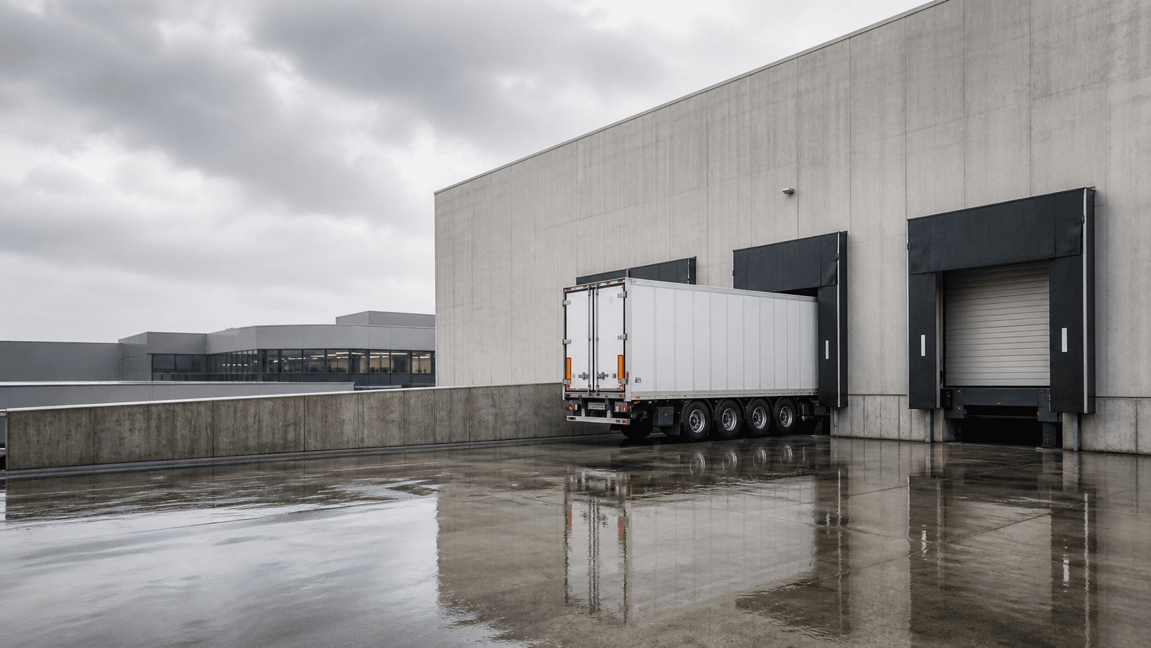 Cold-storage loading bays with operational telemetry layered over the site